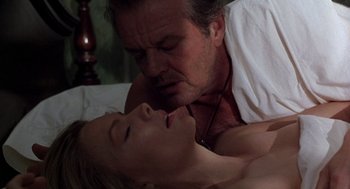 Movie still from “Wolf” (1994), directed by Mike Nichols – A man and a woman laying in a bed together; Close Up shot, Low angle