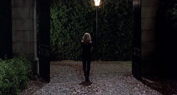 Movie still from “Wolf” (1994), directed by Mike Nichols – A woman standing in front of a tree at night; Wide shot, Over the shoulder angle