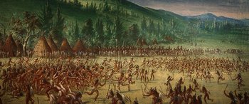 Movie still from “Woman Walks Ahead” (2017), directed by Susanna White – An oil painting of native americans fighting in a field; Extreme Wide shot, High angle