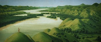Movie still from “Woman Walks Ahead” (2017), directed by Susanna White – An oil painting of a river and hills in the background; Extreme Wide shot, Overhead angle