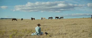 Movie still from “Woman Walks Ahead” (2017), directed by Susanna White – A woman sitting in a field with horses grazing; Extreme Wide shot, High angle