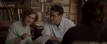 Movie still from “Woman in Gold” (2015), directed by Simon Curtis – A man and a woman sitting in front of papers; Close Up shot, Over the shoulder angle