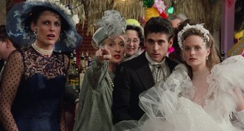 Movie still from “Working Girl” (1988), directed by Mike Nichols – A group of people dressed up in costumes; Medium shot, Over the shoulder angle