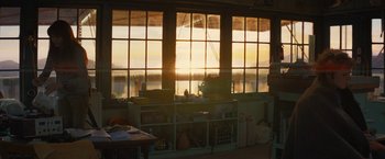Movie still from “Wrong Turn” (2021), directed by Mike P. Nelson – The sun is setting in the window of a room; Extreme Wide shot, Low angle