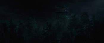 Movie still from “Wrong Turn” (2021), directed by Mike P. Nelson – A tower in the middle of a forest at night; Extreme Wide shot, Low angle