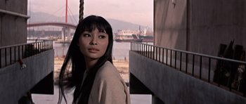 Movie still from “You Only Live Twice” (1967), directed by Lewis Gilbert – A woman standing next to a body of water; Close Up shot, Low angle