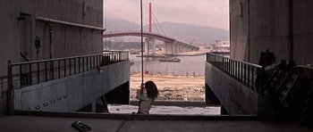 Movie still from “You Only Live Twice” (1967), directed by Lewis Gilbert – A woman standing on the side of a river; Extreme Wide shot, High angle