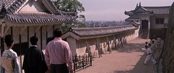 Movie still from “You Only Live Twice” (1967), directed by Lewis Gilbert – A man in a pink shirt is looking out at a city; Extreme Wide shot, Low angle
