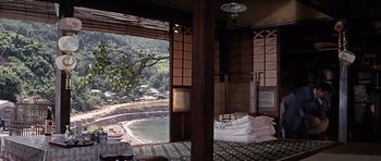 Movie still from “You Only Live Twice” (1967), directed by Lewis Gilbert – An oriental style bathroom with a view of the mountains; Extreme Wide shot, High angle