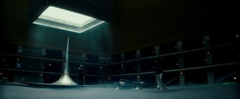 Movie still from “Zoolander 2” (2016), directed by Ben Stiller – Two men standing in an empty boxing ring; Extreme Wide shot, Low angle
