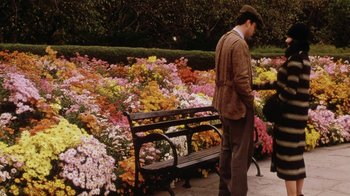 Movie still from “Bullets Over Broadway” (1994), directed by Woody Allen – A man standing next to a wooden park bench in front of flowers; Wide shot, High angle
