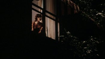 A woman looking out of a window at night