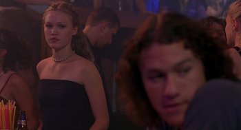 Movie still from “10 Things I Hate About You” (1999), directed by Gil Junger – A woman standing next to a man in a black dress; Close Up shot, Over the shoulder angle