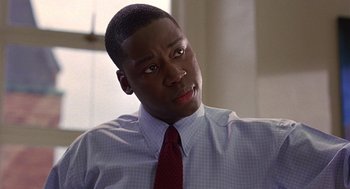 Movie still from “10 Things I Hate About You” (1999), directed by Gil Junger – A person wearing a shirt and a tie; Close Up shot, Over the shoulder angle