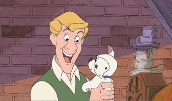 Movie still from “101 Dalmatians 2: Patch's London Adventure” (2002), directed by Brian Smith – A man holding a stuffed animal in his hand; Medium shot, High angle