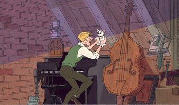 Movie still from “101 Dalmatians 2: Patch's London Adventure” (2002), directed by Brian Smith – A man holding a small white dog in his hands; Wide shot, Low angle