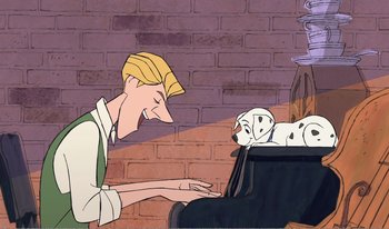 Movie still from “101 Dalmatians 2: Patch's London Adventure” (2002), directed by Brian Smith – A cartoon of a man petting a dalmatian dog; Wide shot, Over the shoulder angle