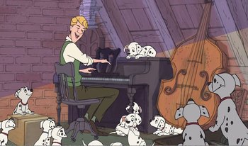 Movie still from “101 Dalmatians 2: Patch's London Adventure” (2002), directed by Brian Smith – A man playing the piano with a bunch of dogs around him; Wide shot, High angle
