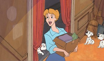 Movie still from “101 Dalmatians 2: Patch's London Adventure” (2002), directed by Brian Smith – A woman holding a box with a cat in front of a window; Medium shot, Over the shoulder angle