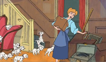 Movie still from “101 Dalmatians 2: Patch's London Adventure” (2002), directed by Brian Smith – A cartoon of a woman holding a box with a bunch of puppies around her; Wide shot, High angle
