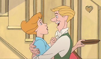 Movie still from “101 Dalmatians 2: Patch's London Adventure” (2002), directed by Brian Smith – A couple of people that are dancing together; Medium shot, Over the shoulder angle