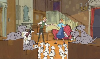 Movie still from “101 Dalmatians 2: Patch's London Adventure” (2002), directed by Brian Smith – A couple of people are standing in a living room; Wide shot, High angle