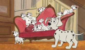 Movie still from “101 Dalmatians 2: Patch's London Adventure” (2002), directed by Brian Smith – A group of dalmatian dogs sitting on top of a red couch; Wide shot, High angle
