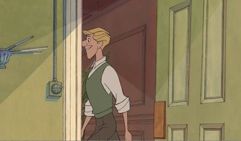 Movie still from “101 Dalmatians 2: Patch's London Adventure” (2002), directed by Brian Smith – A man in a green shirt is walking out of a door; Medium shot, Over the shoulder angle