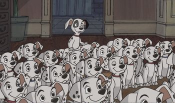 Movie still from “101 Dalmatians 2: Patch's London Adventure” (2002), directed by Brian Smith – A group of dalmatian dogs sitting in front of a door; Wide shot, High angle