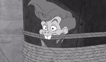 Movie still from “101 Dalmatians 2: Patch's London Adventure” (2002), directed by Brian Smith – A cartoon of a man looking over a rope fence; Close Up shot, Overhead angle