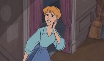 Movie still from “101 Dalmatians 2: Patch's London Adventure” (2002), directed by Brian Smith – A woman is talking on a phone while standing next to a doorway; Close Up shot, High angle