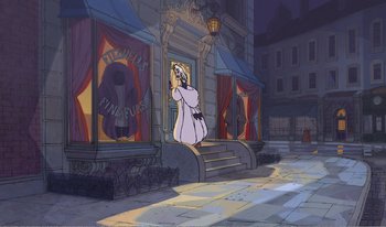 Movie still from “101 Dalmatians 2: Patch's London Adventure” (2002), directed by Brian Smith – A painting of a person standing in front of a building; Extreme Wide shot, Over the shoulder angle