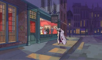 Movie still from “101 Dalmatians 2: Patch's London Adventure” (2002), directed by Brian Smith – A street scene with a man walking down the sidewalk; Extreme Wide shot, High angle