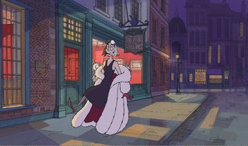 Movie still from “101 Dalmatians 2: Patch's London Adventure” (2002), directed by Brian Smith – A cartoon of a woman walking down the street; Wide shot, Low angle