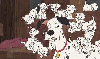 Movie still from “101 Dalmatians 2: Patch's London Adventure” (2002), directed by Brian Smith – A group of dalmatian dogs sitting next to each other; Medium shot, High angle