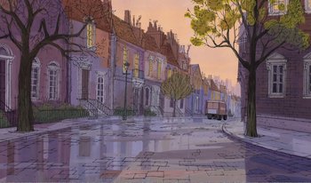 An artistic drawing of a street scene with buildings and trees