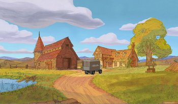 Movie still from “101 Dalmatians 2: Patch's London Adventure” (2002), directed by Brian Smith – An animated picture of a truck driving down the road; Extreme Wide shot, High angle
