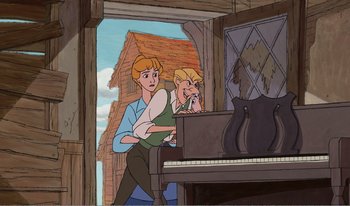 Movie still from “101 Dalmatians 2: Patch's London Adventure” (2002), directed by Brian Smith – A couple of people standing next to each other; Wide shot, Low angle