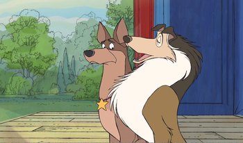 Movie still from “101 Dalmatians 2: Patch's London Adventure” (2002), directed by Brian Smith – Two dogs are standing next to each other; Medium shot, Over the shoulder angle