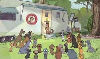 Movie still from “101 Dalmatians 2: Patch's London Adventure” (2002), directed by Brian Smith – Many dogs that are gathered together in the grass; Wide shot, High angle