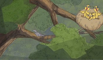 Movie still from “101 Dalmatians 2: Patch's London Adventure” (2002), directed by Brian Smith – An illustration of a cat in a tree; Extreme Wide shot, Low angle