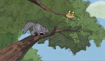Movie still from “101 Dalmatians 2: Patch's London Adventure” (2002), directed by Brian Smith – An illustration of a squirrel on a tree with a bird in a nest; Wide shot, Low angle