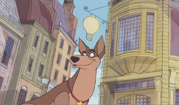 Movie still from “101 Dalmatians 2: Patch's London Adventure” (2002), directed by Brian Smith – A cartoon of a brown dog with a red star on it's neck; Wide shot, Low angle