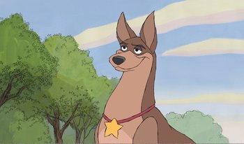 Movie still from “101 Dalmatians 2: Patch's London Adventure” (2002), directed by Brian Smith – A cartoon of a dog wearing a collar with a yellow star; Medium shot, Low angle