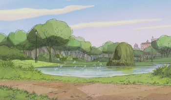 Movie still from “101 Dalmatians 2: Patch's London Adventure” (2002), directed by Brian Smith – An illustration of a park with a pond and trees in the background; Extreme Wide shot, High angle