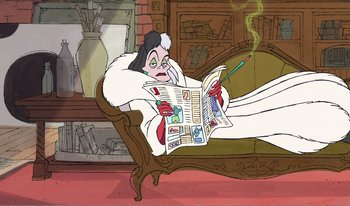 Movie still from “101 Dalmatians 2: Patch's London Adventure” (2002), directed by Brian Smith – An animated character is reading a newspaper; Medium shot, High angle