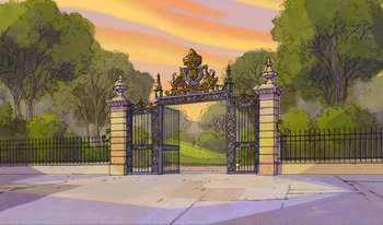 Movie still from “101 Dalmatians 2: Patch's London Adventure” (2002), directed by Brian Smith – An illustration of an entrance to a park with trees in the background; Extreme Wide shot, High angle