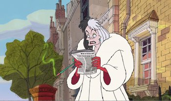 Movie still from “101 Dalmatians 2: Patch's London Adventure” (2002), directed by Brian Smith – An old lady in a white coat is holding a newspaper; Medium shot, Over the shoulder angle
