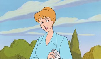Movie still from “101 Dalmatians 2: Patch's London Adventure” (2002), directed by Brian Smith – An animated picture of a woman holding a book; Close Up shot, Over the shoulder angle