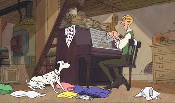 Movie still from “101 Dalmatians 2: Patch's London Adventure” (2002), directed by Brian Smith – A man sitting at a piano with a dog next to him; Wide shot, High angle
